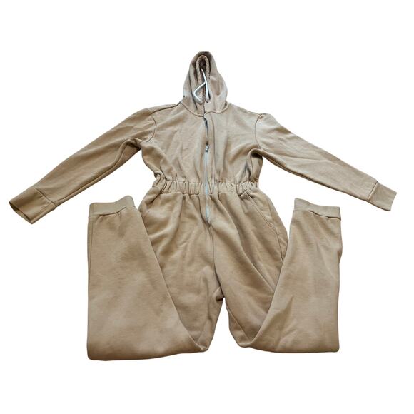 WeWoreWhat Tan Leisure Suit Hooded Fleece Zip-up Relaxed Jumpsuit, size S - Picture 2 of 6